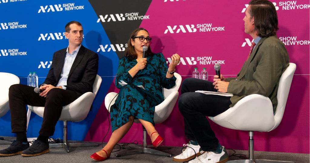 Photo of Luke Cori (Audacy), Sadaf Kazmi (Audible) and Dade Hayes (Deadline Hollywood)